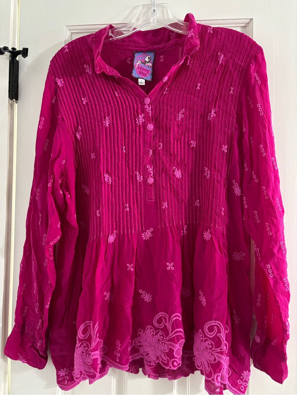 Johnny Was Flower Zoyla Fuchsia Embroidered Pintuck Tunic Blouse - Large
